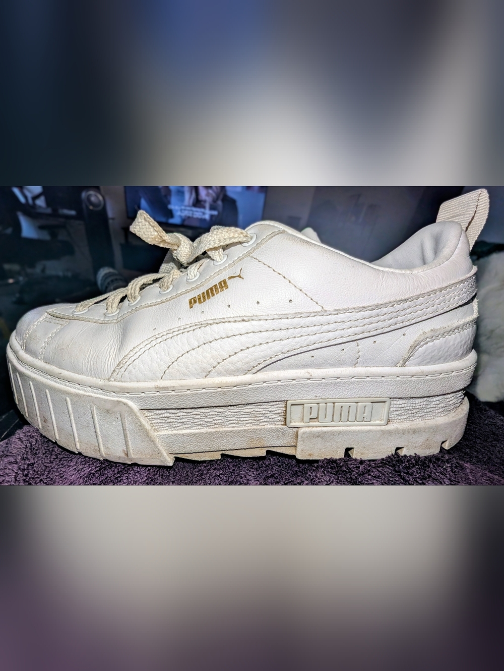 Puma Off-White Leather Platform Sneaker with Gold Logo